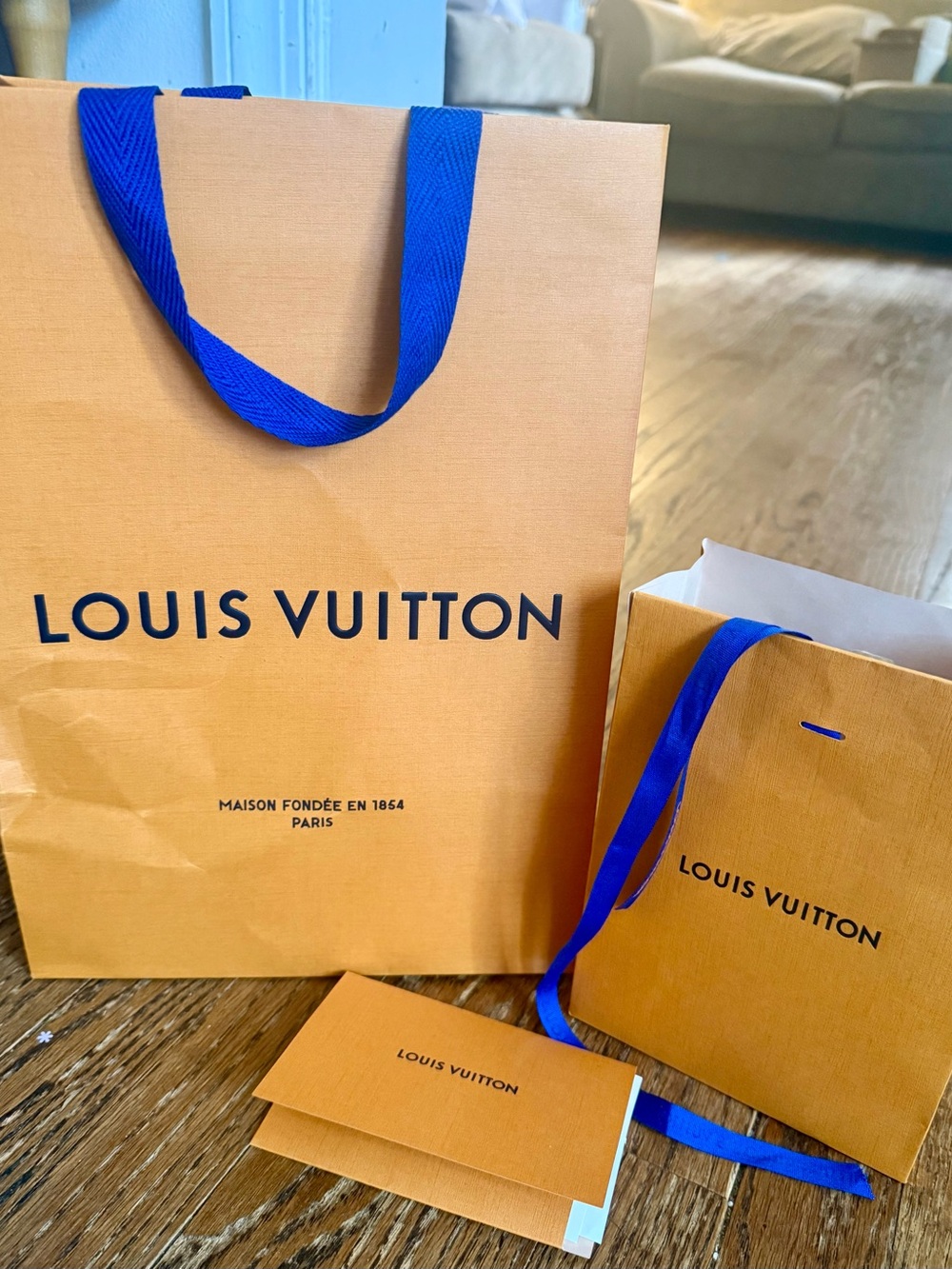 Louis Vuitton Orange Paper Shopping Bags with Blue Ribbon